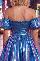 Load image into Gallery viewer, Fuchsia Metallic A-Line Short 80s Homecoming Dress with Sleeves