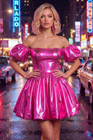 Load image into Gallery viewer, Fuchsia Metallic A-Line Short 80s Homecoming Dress with Sleeves
