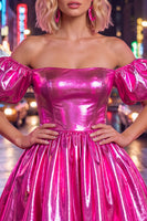 Load image into Gallery viewer, Fuchsia Metallic A-Line Short 80s Homecoming Dress with Sleeves