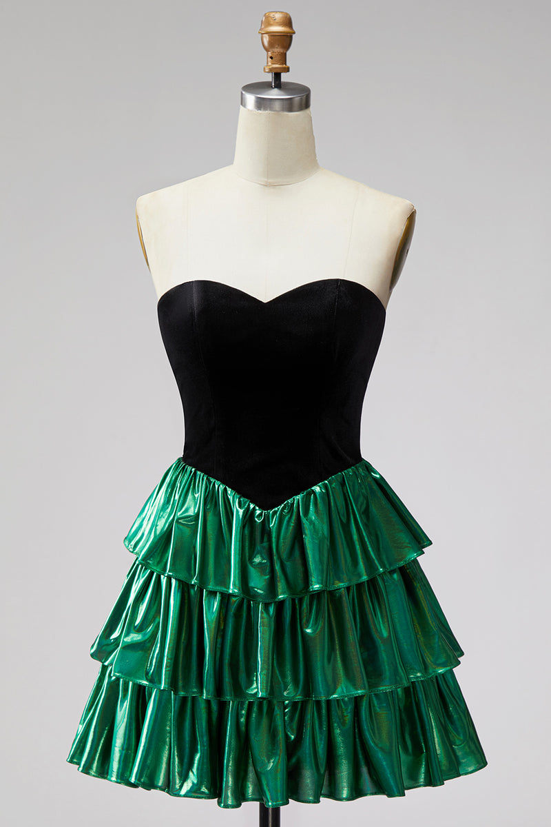 Load image into Gallery viewer, Black Green Ruffled Metallic Tiered A-Line Short 80s Homecoming Dress