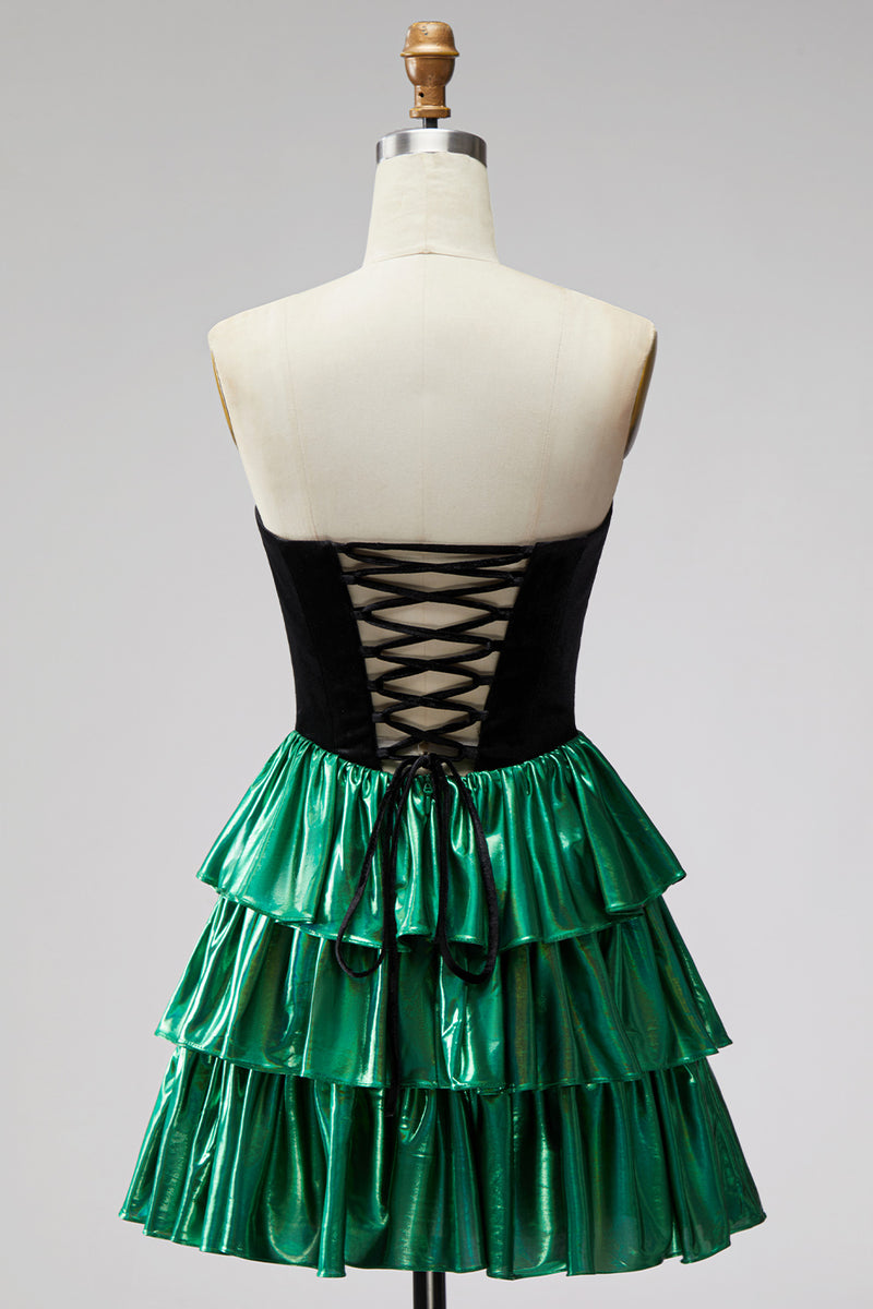 Load image into Gallery viewer, Black Green Ruffled Metallic Tiered A-Line Short 80s Homecoming Dress