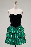 Load image into Gallery viewer, Black Green Ruffled Metallic Tiered A-Line Short 80s Homecoming Dress