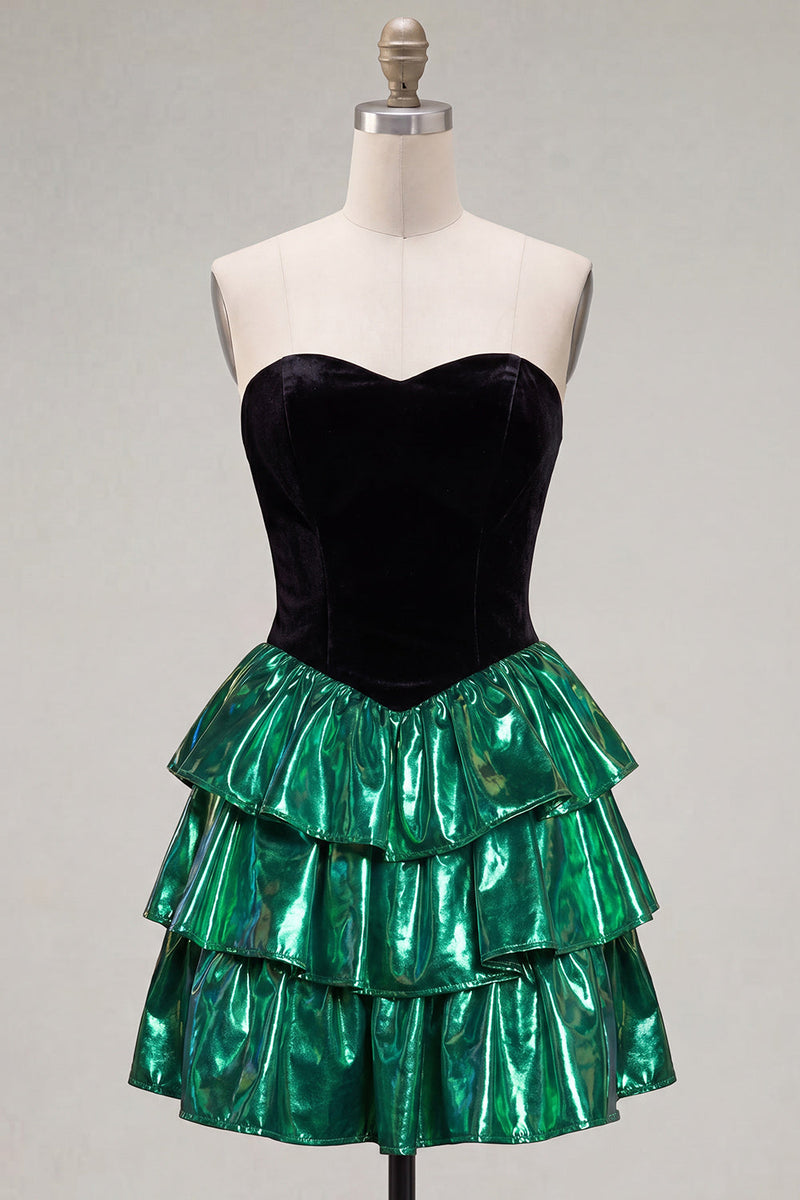 Load image into Gallery viewer, Black Green Ruffled Metallic Tiered A-Line Short 80s Homecoming Dress