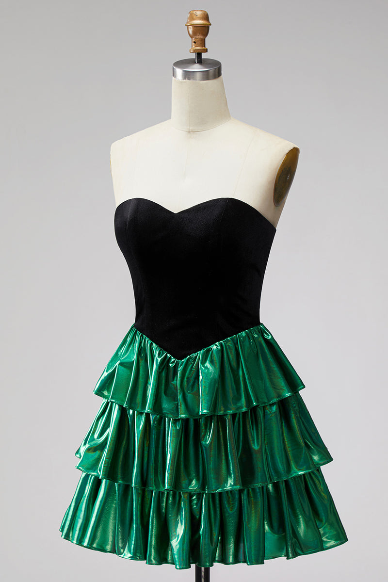 Load image into Gallery viewer, Black Green Ruffled Metallic Tiered A-Line Short 80s Homecoming Dress