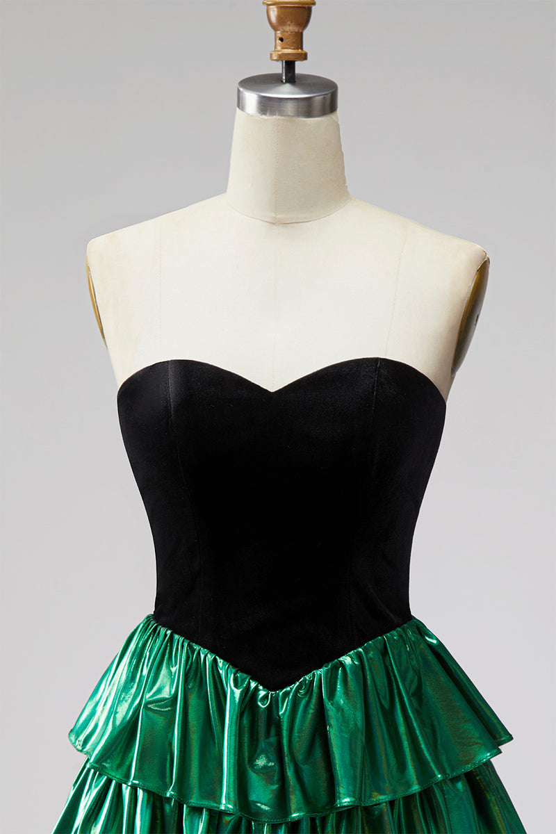 Load image into Gallery viewer, Black Green Ruffled Metallic Tiered A-Line Short 80s Homecoming Dress
