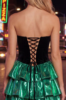 Load image into Gallery viewer, Black Green Ruffled Metallic Tiered A-Line Short 80s Homecoming Dress