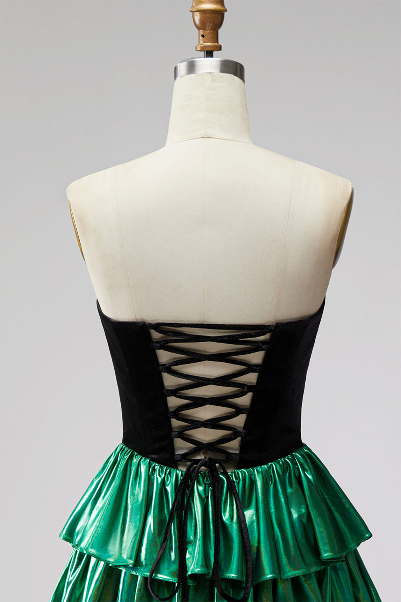 Load image into Gallery viewer, Black Green Ruffled Metallic Tiered A-Line Short 80s Homecoming Dress