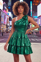 Load image into Gallery viewer, Dark Green Metallic Ruffled A-Line Short 80s Homecoming Dress with Bow