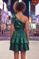 Load image into Gallery viewer, Dark Green Metallic Ruffled A-Line Short 80s Homecoming Dress with Bow
