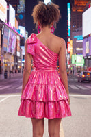 Load image into Gallery viewer, Dark Green Metallic Ruffled A-Line Short 80s Homecoming Dress with Bow
