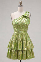 Load image into Gallery viewer, Dark Green Metallic Ruffled A-Line Short 80s Homecoming Dress with Bow