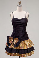 Load image into Gallery viewer, Black Golden Ruffled A-Line Short 80s Homecoming Dress with Bow