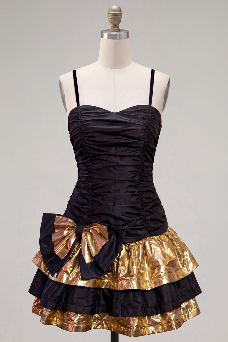Load image into Gallery viewer, Black Golden Ruffled A-Line Short 80s Homecoming Dress with Bow