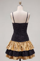 Load image into Gallery viewer, Black Golden Ruffled A-Line Short 80s Homecoming Dress with Bow