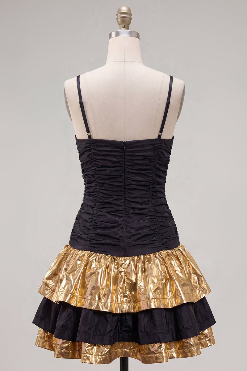 Load image into Gallery viewer, Black Golden Ruffled A-Line Short 80s Homecoming Dress with Bow