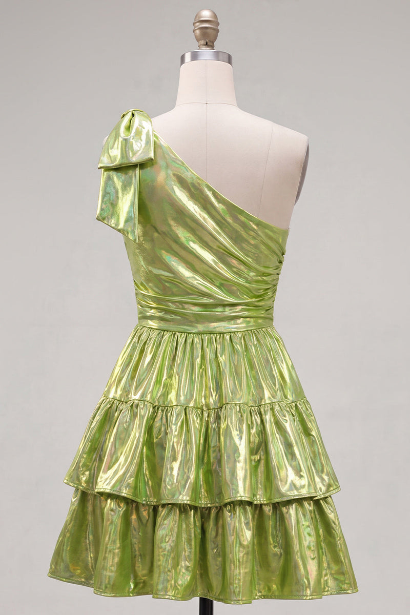 Load image into Gallery viewer, Dark Green Metallic Ruffled A-Line Short 80s Homecoming Dress with Bow