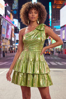 Load image into Gallery viewer, Dark Green Metallic Ruffled A-Line Short 80s Homecoming Dress with Bow