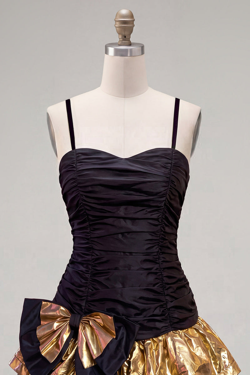 Load image into Gallery viewer, Black Golden Ruffled A-Line Short 80s Homecoming Dress with Bow