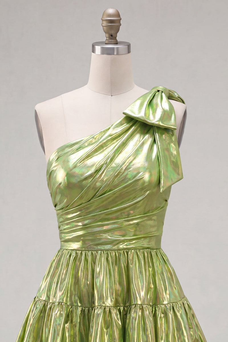 Load image into Gallery viewer, Dark Green Metallic Ruffled A-Line Short 80s Homecoming Dress with Bow