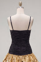 Load image into Gallery viewer, Black Golden Ruffled A-Line Short 80s Homecoming Dress with Bow