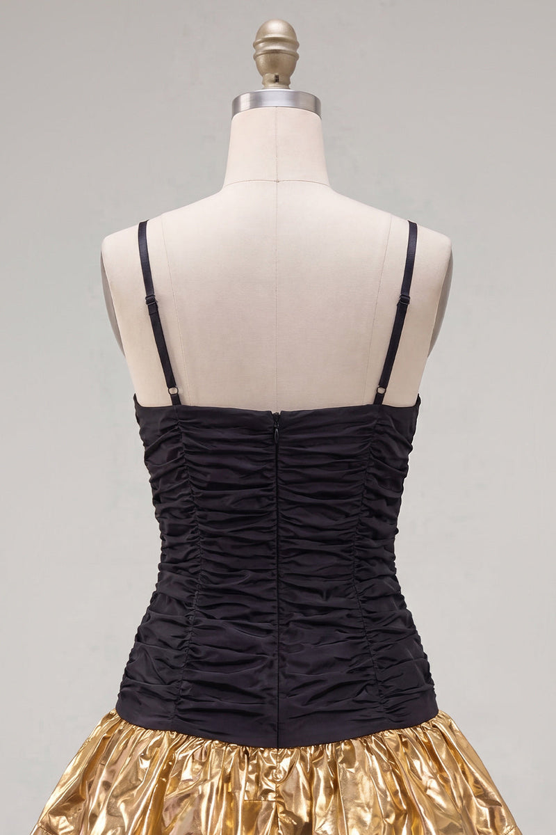 Load image into Gallery viewer, Black Golden Ruffled A-Line Short 80s Homecoming Dress with Bow