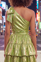 Load image into Gallery viewer, Dark Green Metallic Ruffled A-Line Short 80s Homecoming Dress with Bow
