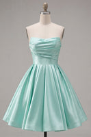 Load image into Gallery viewer, Navy Satin Ruched Strapless A-Line Short 80s Homecoming Dress