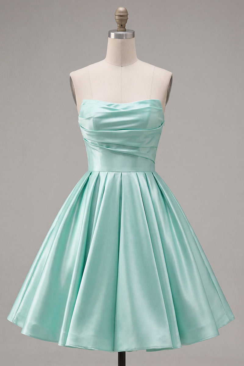 Load image into Gallery viewer, Navy Satin Ruched Strapless A-Line Short 80s Homecoming Dress