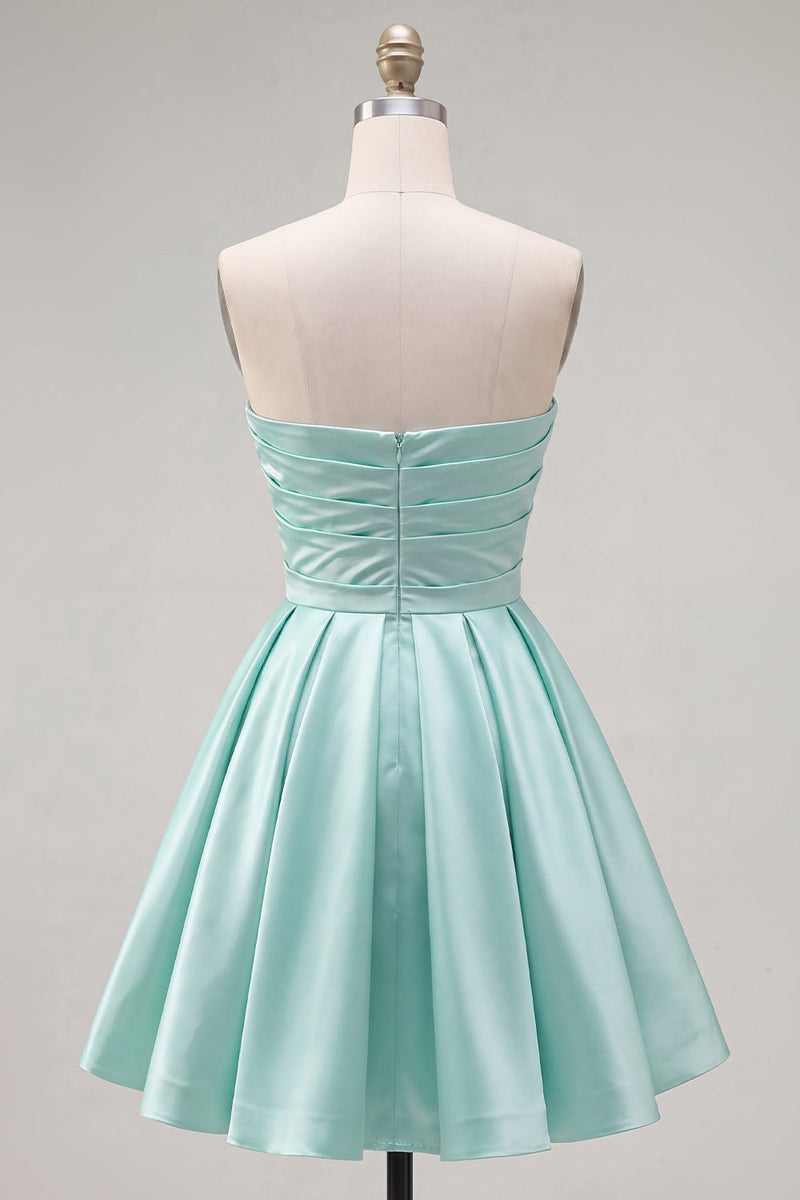 Load image into Gallery viewer, Navy Satin Ruched Strapless A-Line Short 80s Homecoming Dress