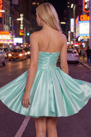 Load image into Gallery viewer, Navy Satin Ruched Strapless A-Line Short 80s Homecoming Dress