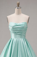 Load image into Gallery viewer, Navy Satin Ruched Strapless A-Line Short 80s Homecoming Dress