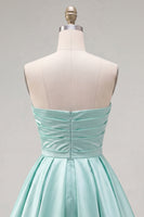 Load image into Gallery viewer, Navy Satin Ruched Strapless A-Line Short 80s Homecoming Dress