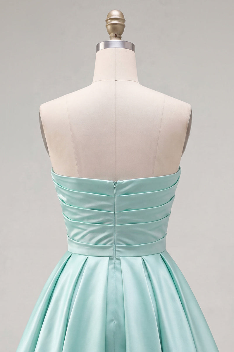 Load image into Gallery viewer, Navy Satin Ruched Strapless A-Line Short 80s Homecoming Dress