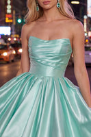 Load image into Gallery viewer, Navy Satin Ruched Strapless A-Line Short 80s Homecoming Dress