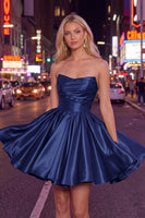 Load image into Gallery viewer, Navy Satin Ruched Strapless A-Line Short 80s Homecoming Dress
