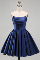 Load image into Gallery viewer, Navy Satin Ruched Strapless A-Line Short 80s Homecoming Dress