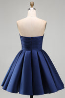 Load image into Gallery viewer, Navy Satin Ruched Strapless A-Line Short 80s Homecoming Dress