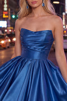 Load image into Gallery viewer, Navy Satin Ruched Strapless A-Line Short 80s Homecoming Dress