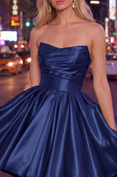 Load image into Gallery viewer, Navy Satin Ruched Strapless A-Line Short 80s Homecoming Dress