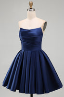 Load image into Gallery viewer, Navy Satin Ruched Strapless A-Line Short 80s Homecoming Dress