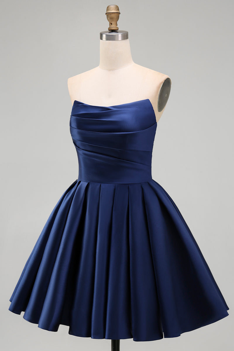 Load image into Gallery viewer, Navy Satin Ruched Strapless A-Line Short 80s Homecoming Dress