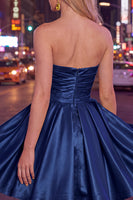 Load image into Gallery viewer, Navy Satin Ruched Strapless A-Line Short 80s Homecoming Dress
