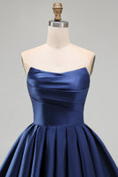 Load image into Gallery viewer, Navy Satin Ruched Strapless A-Line Short 80s Homecoming Dress