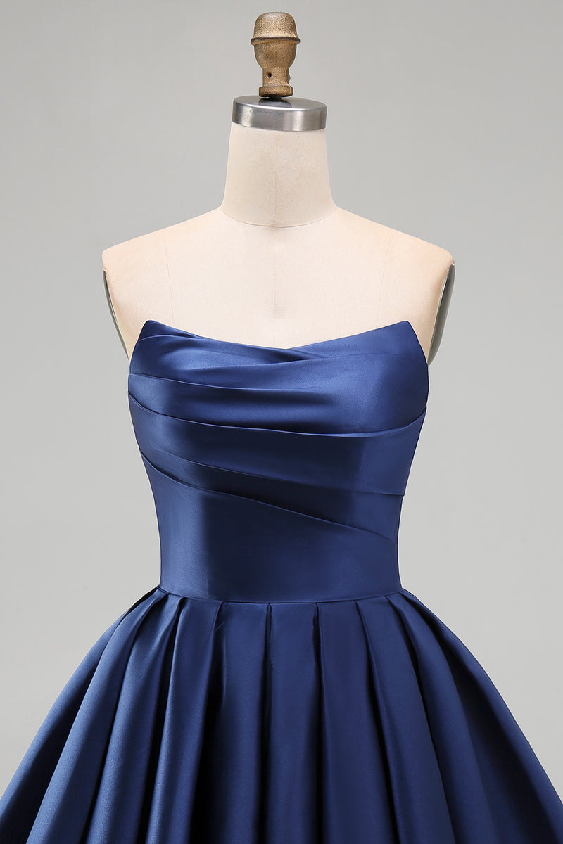 Load image into Gallery viewer, Navy Satin Ruched Strapless A-Line Short 80s Homecoming Dress