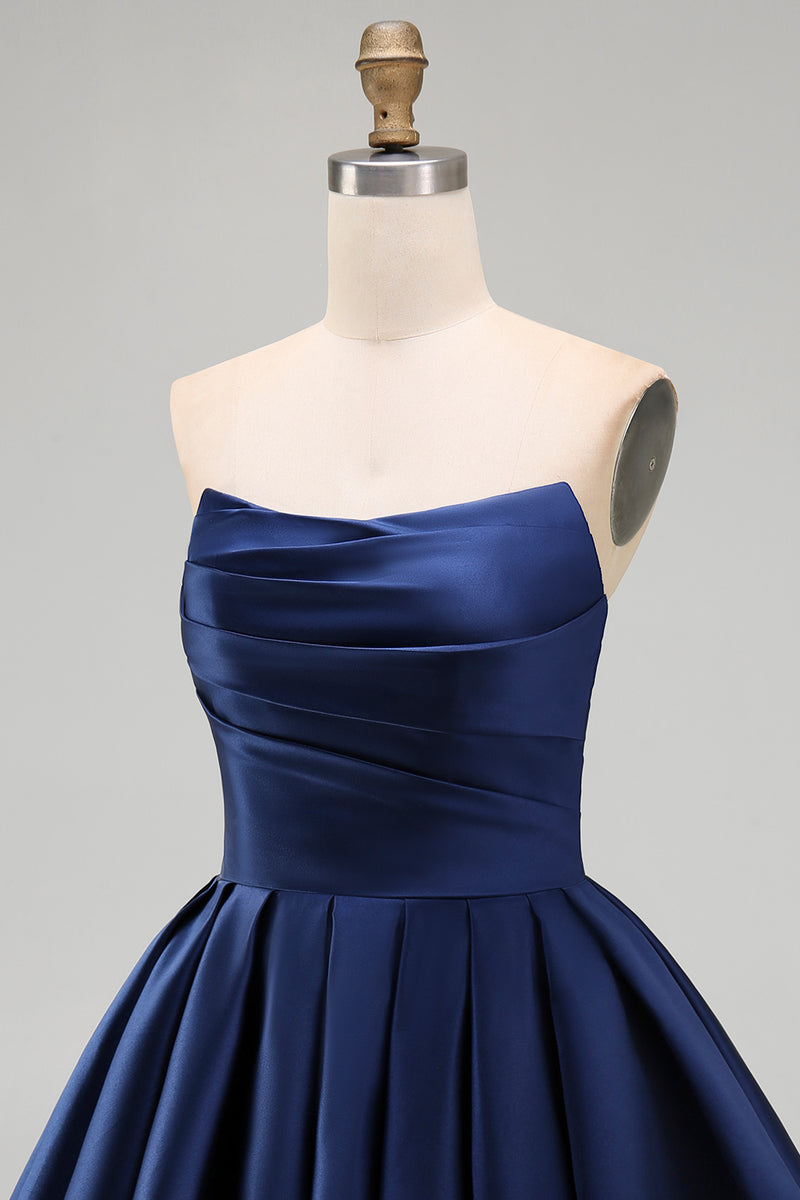 Load image into Gallery viewer, Navy Satin Ruched Strapless A-Line Short 80s Homecoming Dress