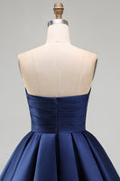 Load image into Gallery viewer, Navy Satin Ruched Strapless A-Line Short 80s Homecoming Dress