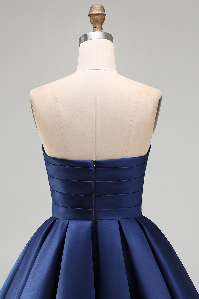 Load image into Gallery viewer, Navy Satin Ruched Strapless A-Line Short 80s Homecoming Dress