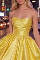 Load image into Gallery viewer, Navy Satin Ruched Strapless A-Line Short 80s Homecoming Dress
