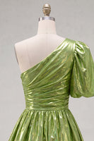 Load image into Gallery viewer, Hot Pink One Shoulder Ruched Short 80s Homecoming Dress with Sleeve