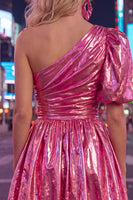 Load image into Gallery viewer, Hot Pink One Shoulder Ruched Short 80s Homecoming Dress with Sleeve